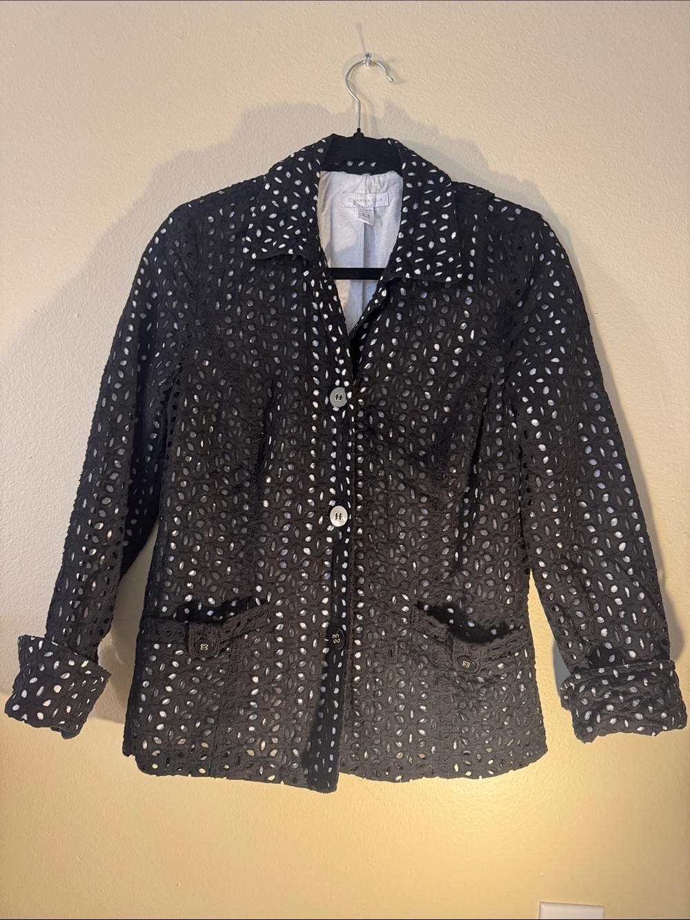 Charter Club 100% Cotton Black Eyelet Button-Front Fitted Blazer
